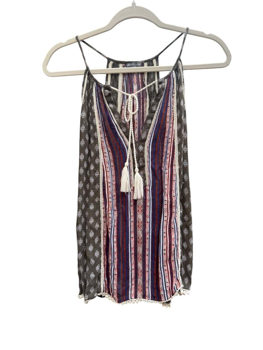 Charlotte Russe Bohemian Sleeveless Tunic Top with Tassels and Crochet Trim